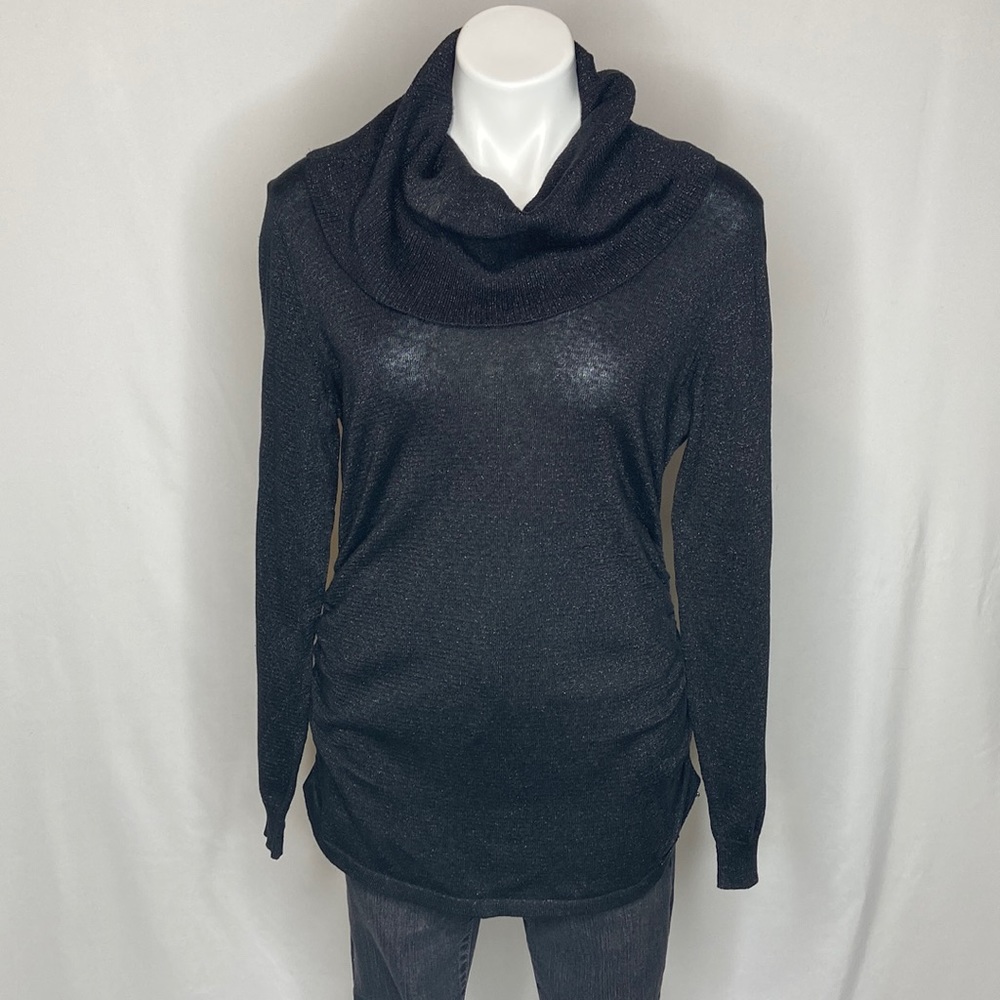 MICHAEL Michael Kors Cowl Neck Ruched‎ Sides Black Sparkle Glitter Tunic, Large
